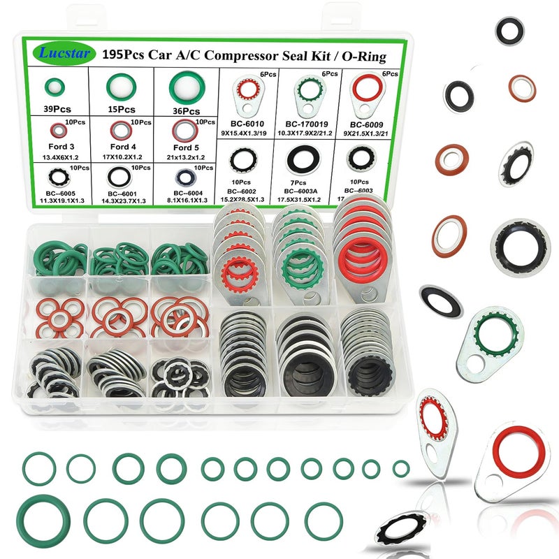 Lucstar 195PCS A/C Seal Kit,AC O Ring Assortment Kit, AC Gasket Seal Kit, Automotive Replacement Air Conditioning Compressors Port Sealing Washers,R 134a Refrigerant for AC Valve Core - Image 1